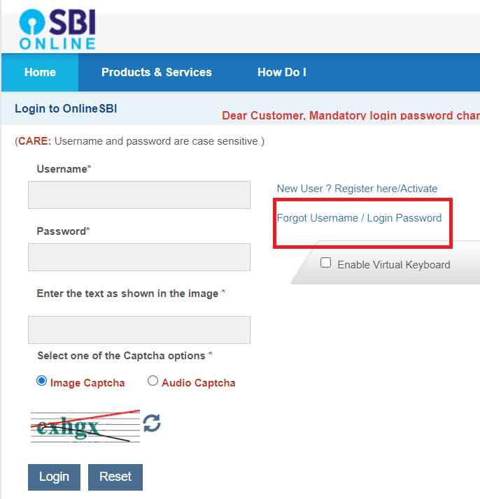 SBI Yono login forgot password?